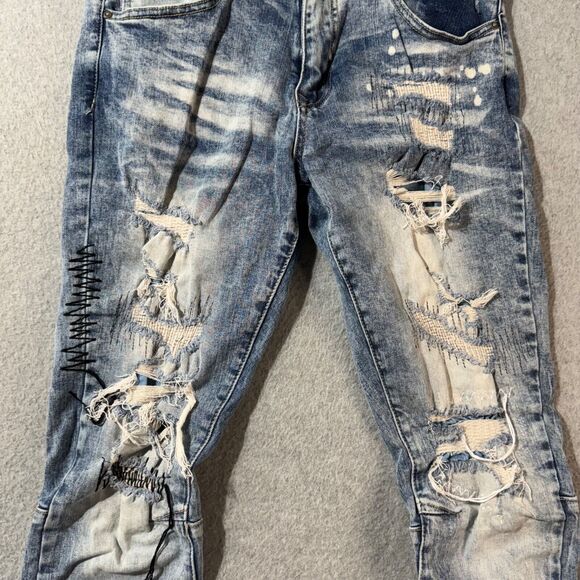 Smoke Rise Jeans Mens 32x32 Tie Die Ripped Slim Fit Distressed Washed Blue Logo - Picture 4 of 16